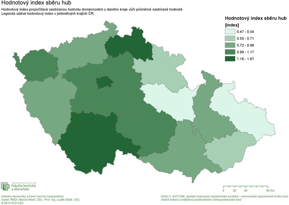 Legenda udává hodnotový index v jednotlivých krajích ČR.