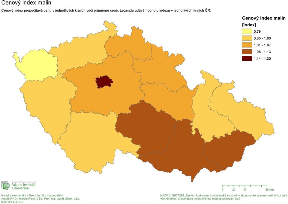 Legenda udává hodnotu indexu v jednotlivých krajích