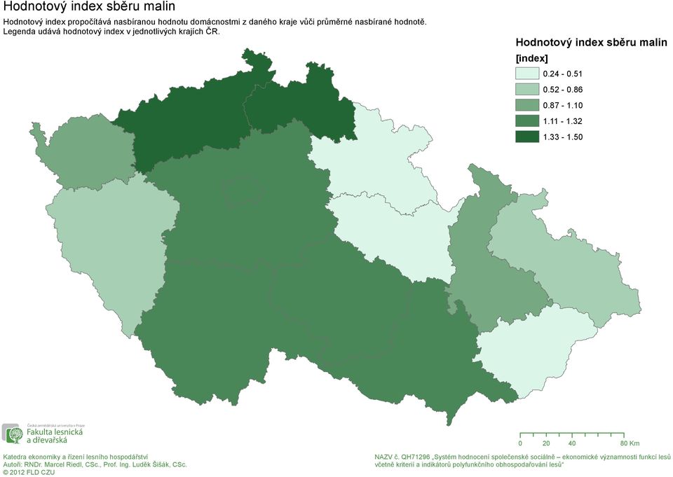 Legenda udává hodnotový index v jednotlivých krajích ČR.