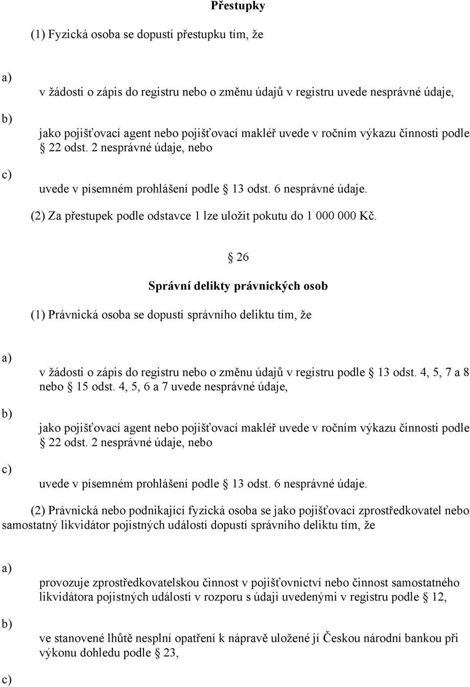 26 Správní delikty právnických osob (1) Právnická osoba se dopustí správního deliktu tím, že a) b) c) v žádosti o zápis do registru nebo o změnu údajů v registru podle 13 odst.