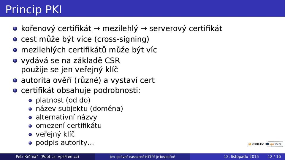certifikát obsahuje podrobnosti: platnost (od do) název subjektu (doména) alternativní názvy omezení certifikátu