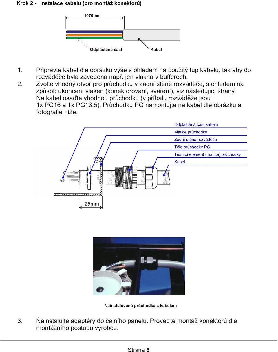 Na kabel osaďte vhodnou průchodku (v příbalu rozváděže jsou 1x PG16 a 1x PG13,5). Průchodku PG namontujte na kabel dle obrázku a fotograﬁe níže.