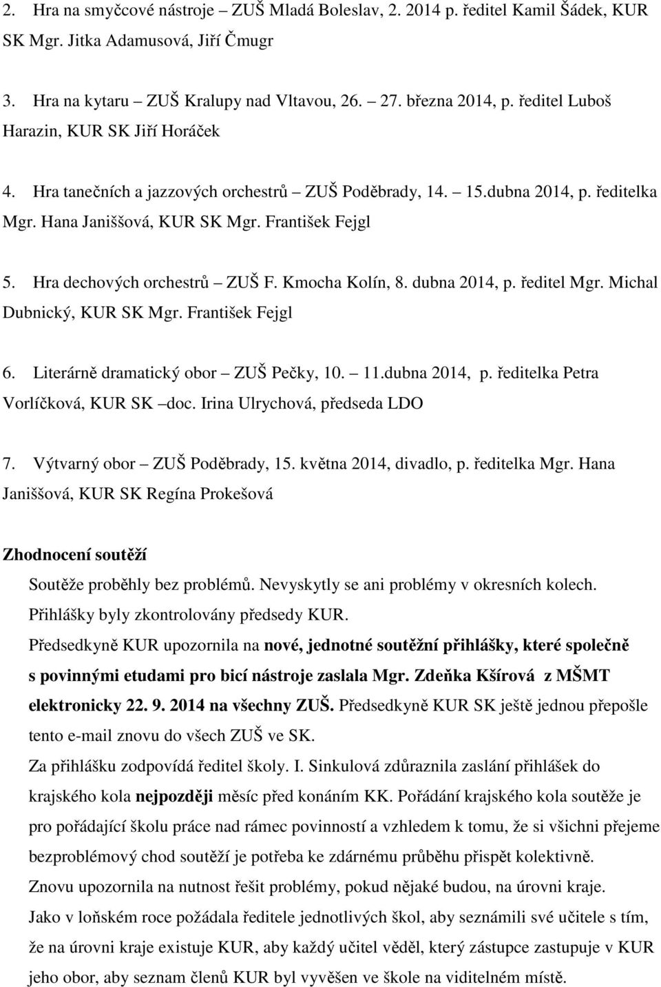 Hra dechových orchestrů ZUŠ F. Kmocha Kolín, 8. dubna 2014, p. ředitel Mgr. Michal Dubnický, KUR SK Mgr. František Fejgl 6. Literárně dramatický obor ZUŠ Pečky, 10. 11.dubna 2014, p. ředitelka Petra Vorlíčková, KUR SK doc.