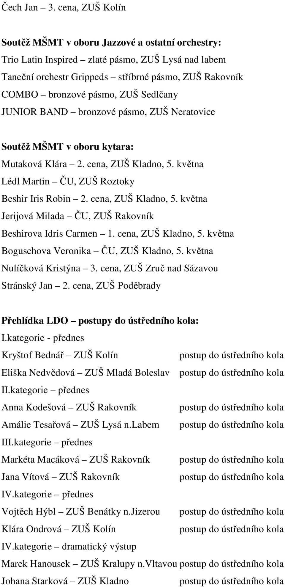 Sedlčany JUNIOR BAND bronzové pásmo, ZUŠ Neratovice Soutěž MŠMT v oboru kytara: Mutaková Klára 2. cena, ZUŠ Kladno, 5. května Lédl Martin ČU, ZUŠ Roztoky Beshir Iris Robin 2. cena, ZUŠ Kladno, 5. května Jerijová Milada ČU, ZUŠ Rakovník Beshirova Idris Carmen 1.