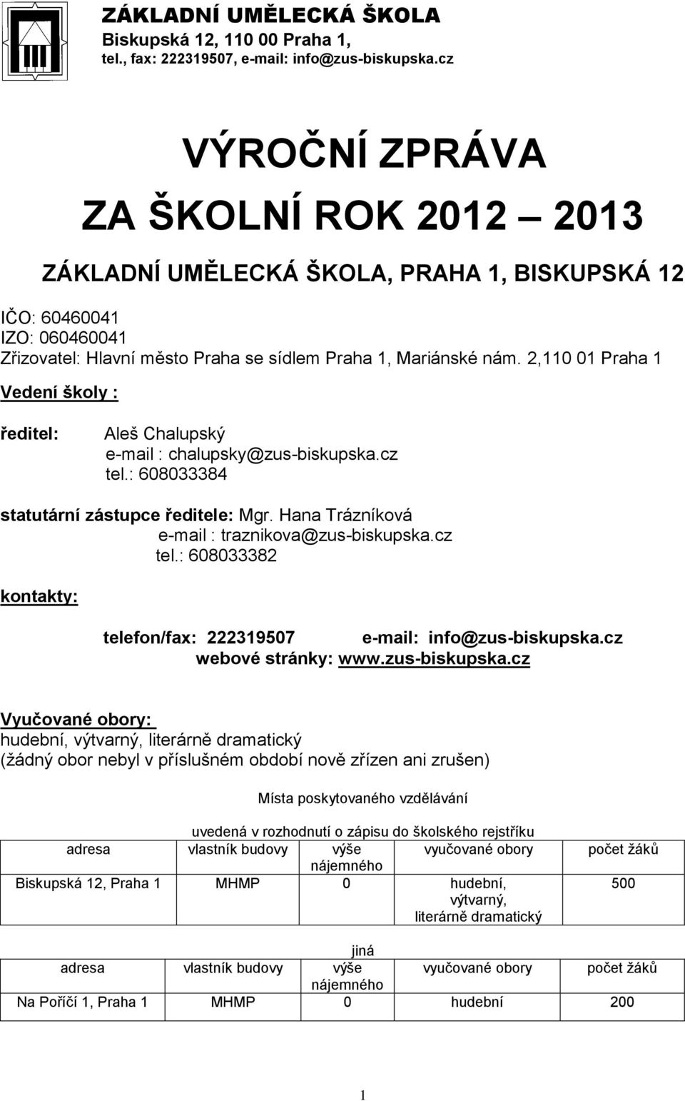 2,110 01 Praha 1 Vedení školy : ředitel: Aleš Chalupský e-mail : chalupsky@zus-biskupska.cz tel.: 608033384 statutární zástupce ředitele: Mgr. Hana Trázníková e-mail : traznikova@zus-biskupska.cz tel.: 608033382 kontakty: telefon/fax: 222319507 e-mail: info@zus-biskupska.