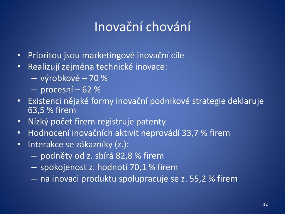 registruje patenty Hodnocení inovačních aktivit neprovádí 33,7 % firem Interakce se zákazníky (z.