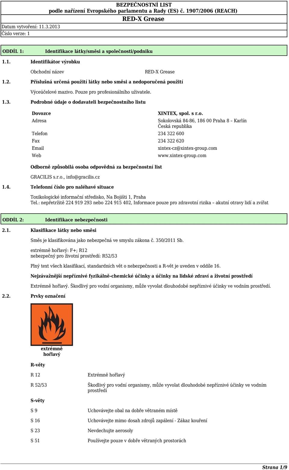 r.o., info@gracilis.cz 1.4. Telefonní číslo pro naléhavé situace Sokolovská 84-86, 186 00 Praha 8 Karlín Česká republika xintex-cz@xintex-group.