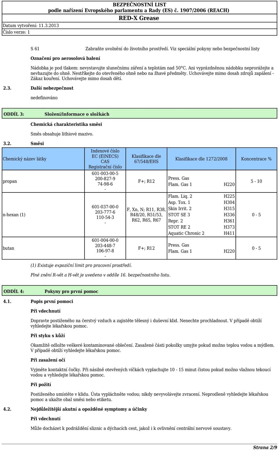 2.3. Další nebezpečnost ODDÍL 3: Složení/informace o složkách Chemická charakteristika směsi Směs obsahuje lithiové mazivo. 3.2. Směsi Chemický název látky propan n-hexan (1) butan Indexové číslo EC