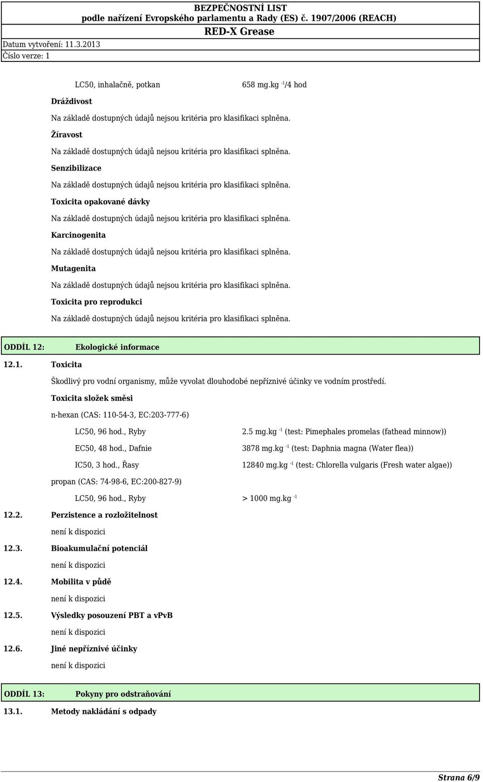 kg -1 (test: Daphnia magna (Water flea)) 12840 mg.kg -1 (test: Chlorella vulgaris (Fresh water algae)) propan (CAS: 74-98-6, EC:200-827-9) LC50, 96 hod., Ryby > 1000 mg.kg -1 12.2. Perzistence a rozložitelnost 12.