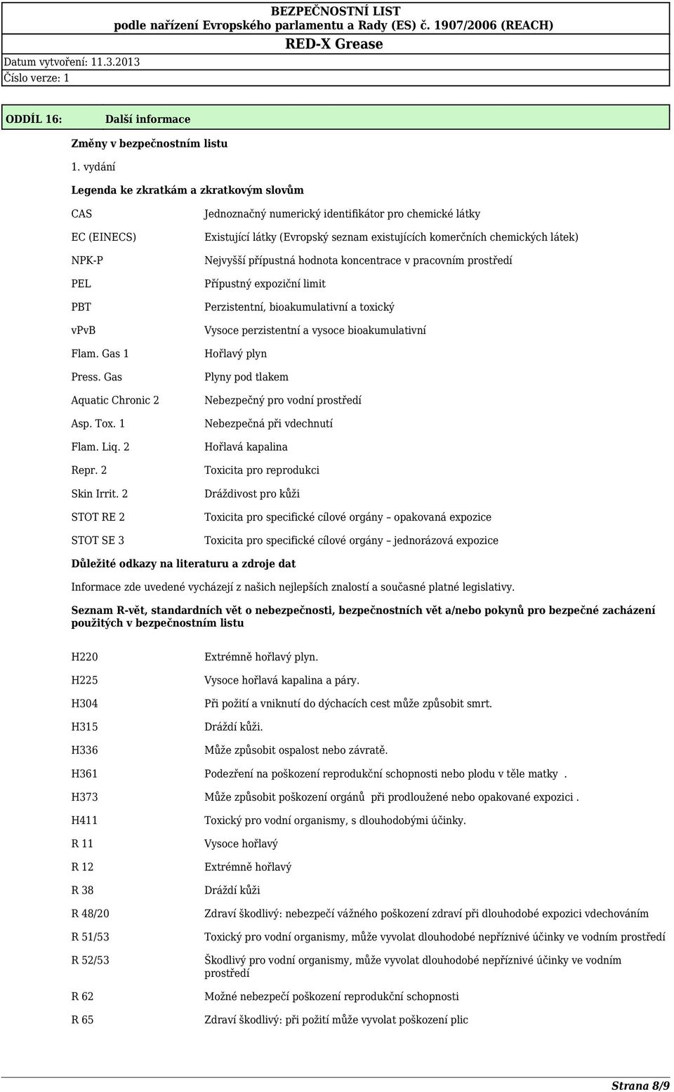 2 STOT RE 2 STOT SE 3 Jednoznačný numerický identifikátor pro chemické látky Existující látky (Evropský seznam existujících komerčních chemických látek) Nejvyšší přípustná hodnota koncentrace v