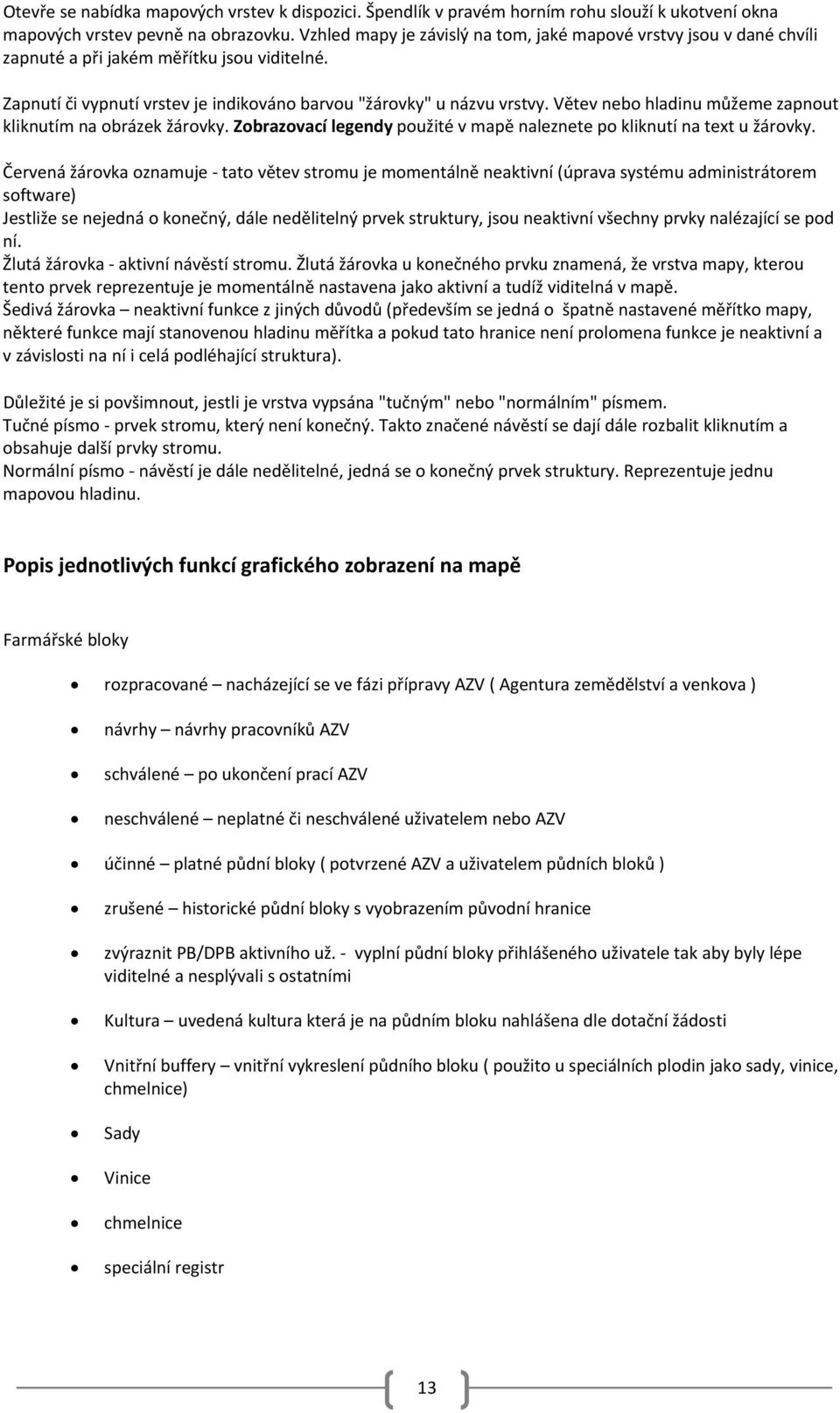 Větev nebo hladinu můžeme zapnout kliknutím na obrázek žárovky. Zobrazovací legendy použité v mapě naleznete po kliknutí na text u žárovky.