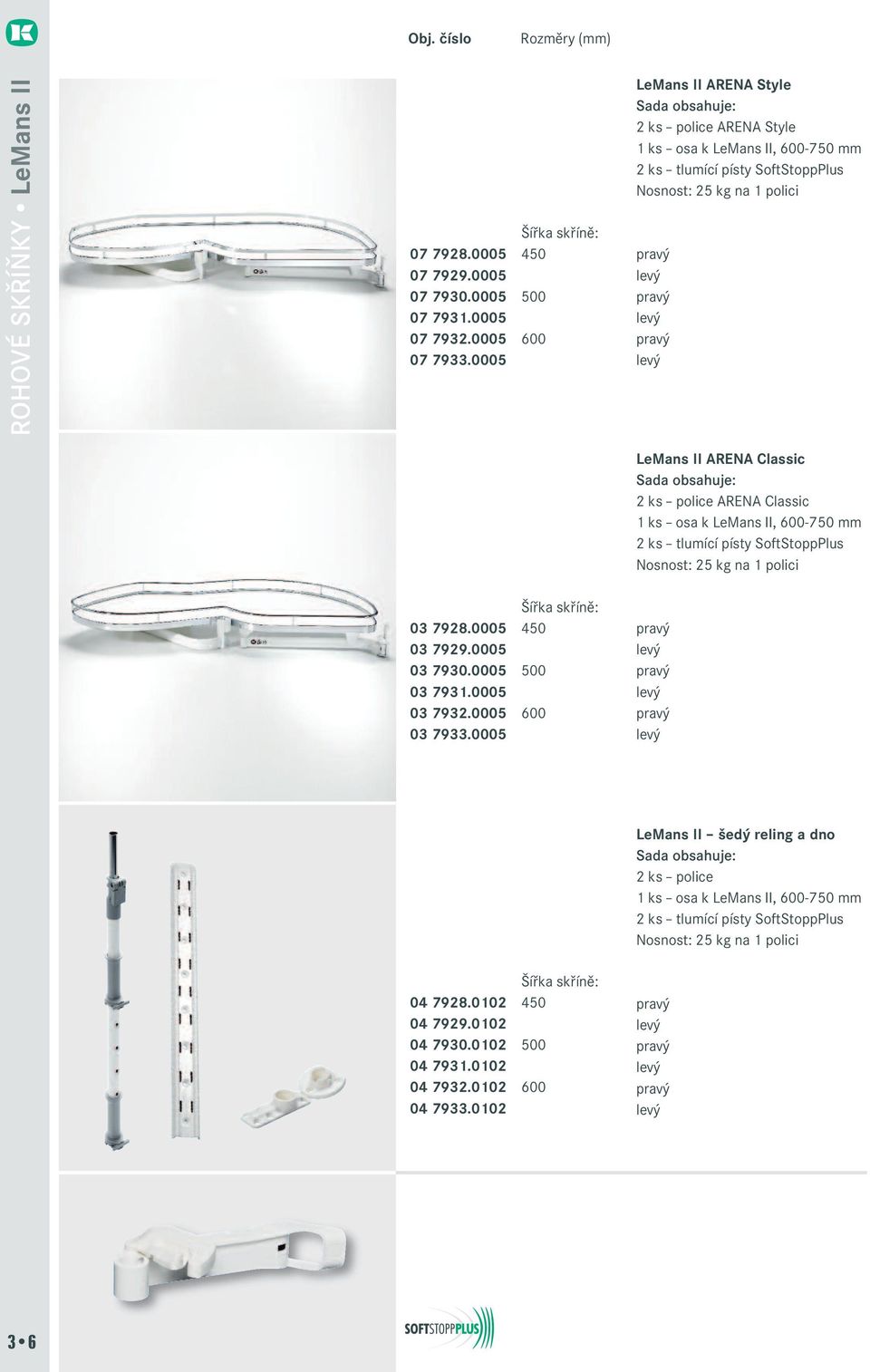 arena Classic sada obsahuje: 2 ks police ARENA Classic 1 ks osa k LeMans II, 600-750 mm 2 ks tlumící písty SoftStoppPlus Nosnost: 25 kg na 1 polici 03 7928.0005 03 7929.0005 03 7930.0005 03 7931.