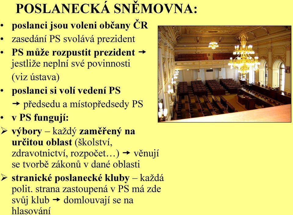 fungují: výbory každý zaměřený na určitou oblast (školství, zdravotnictví, rozpočet ) věnují se tvorbě zákonů v