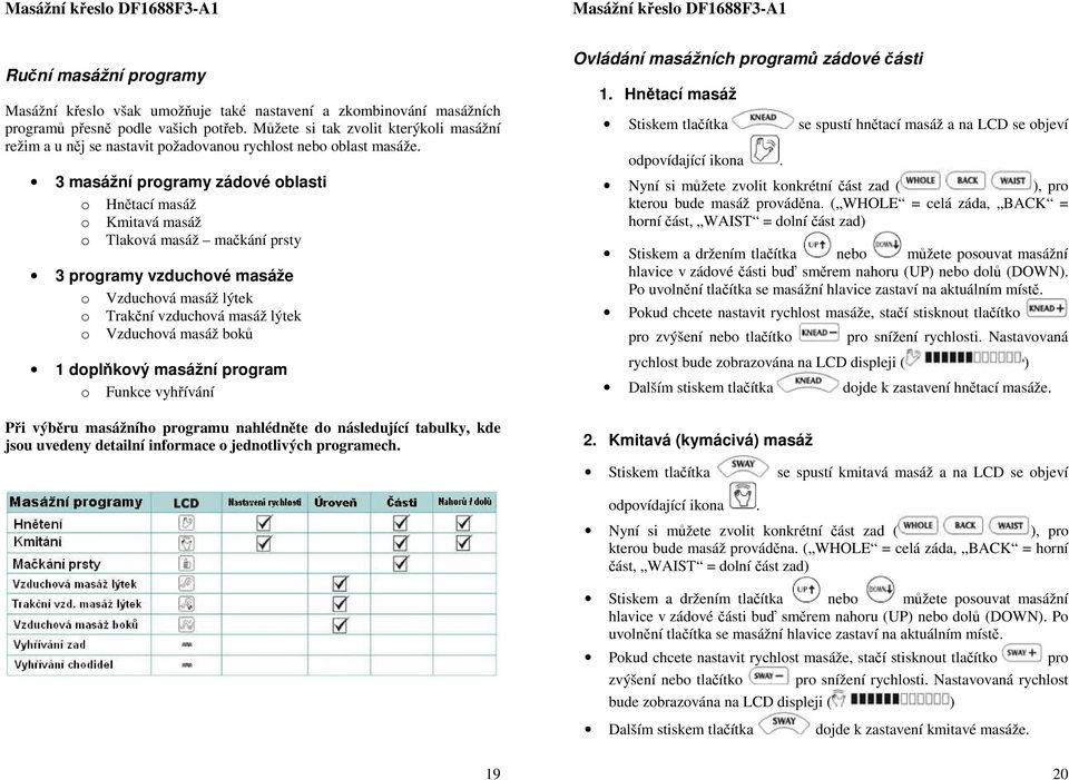 3 masážní prgramy zádvé blasti Hnětací masáž Kmitavá masáž Tlakvá masáž mačkání prsty 3 prgramy vzduchvé masáže Vzduchvá masáž lýtek Trakční vzduchvá masáž lýtek Vzduchvá masáž bků 1 dplňkvý masážní