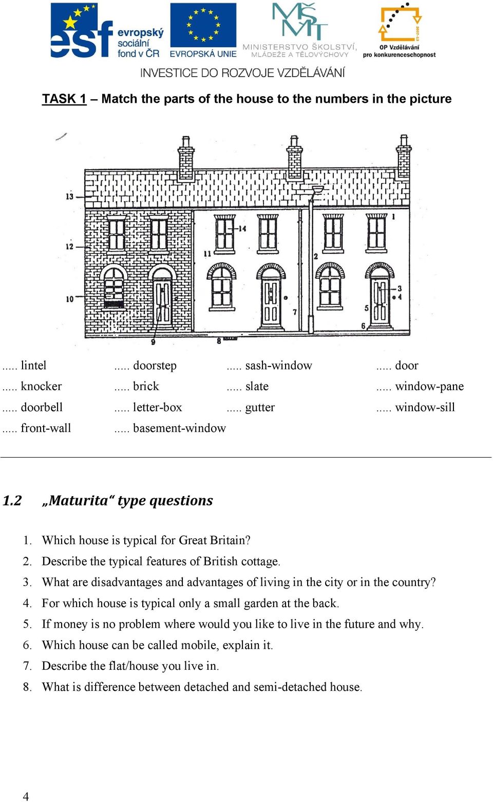 What are disadvantages and advantages of living in the city or in the country? 4. For which house is typical only a small garden at the back. 5.