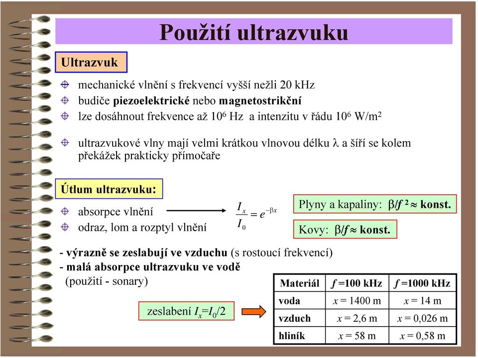 absorpce vlnění odraz, lom a rozptyl vlnění x e βx Plyny a kapaliny: β/f konst. Kovy: β/f konst.