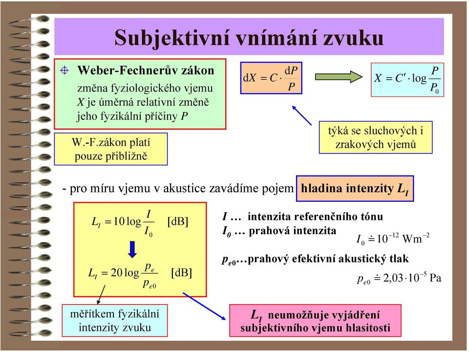 zavádíme pojem hladina intenzity L L 1 log p L log p e e [db] [db] intenzita referenčního tónu prahová intenzita 1 & 1 Wm p e