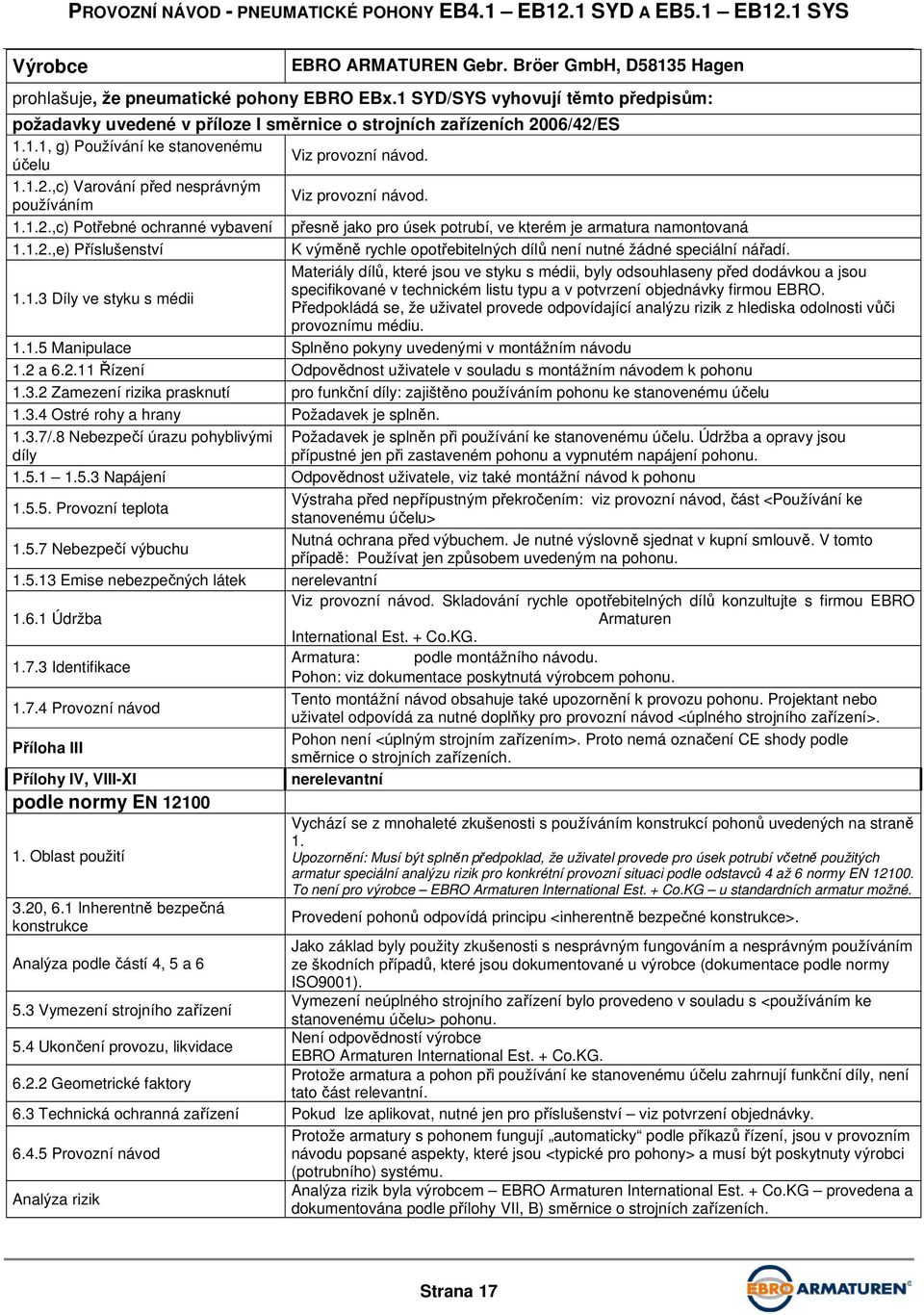 používáním 1.1.2.,c) Potřebné ochranné vybavení přesně jako pro úsek potrubí, ve kterém je armatura namontovaná 1.1.2.,e) Příslušenství K výměně rychle opotřebitelných dílů není nutné žádné speciální nářadí.