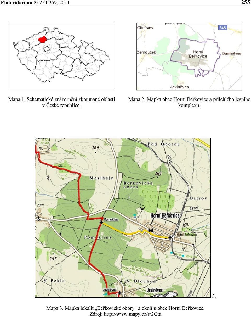 Mapka obce Horní Beřkovice a přilehlého lesního komplexu. 3. Mapa 3.