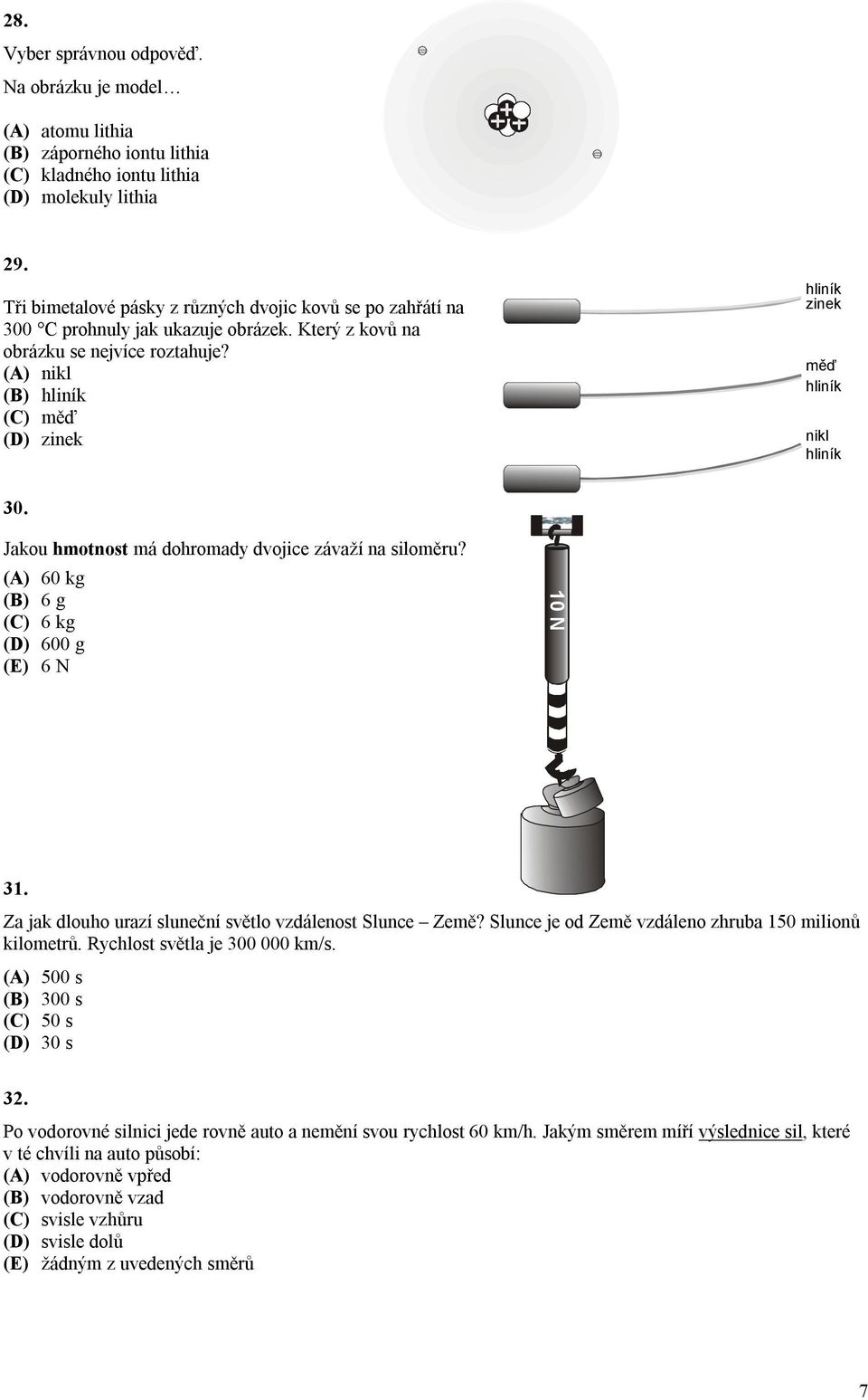 (A) nikl (B) hliník (C) měď (D) zinek hliník zinek měď hliník nikl hliník 30. Jakou hmotnost má dohromady dvojice závaží na siloměru? (A) 60 kg (B) 6 g (C) 6 kg (D) 600 g (E) 6 N 31.