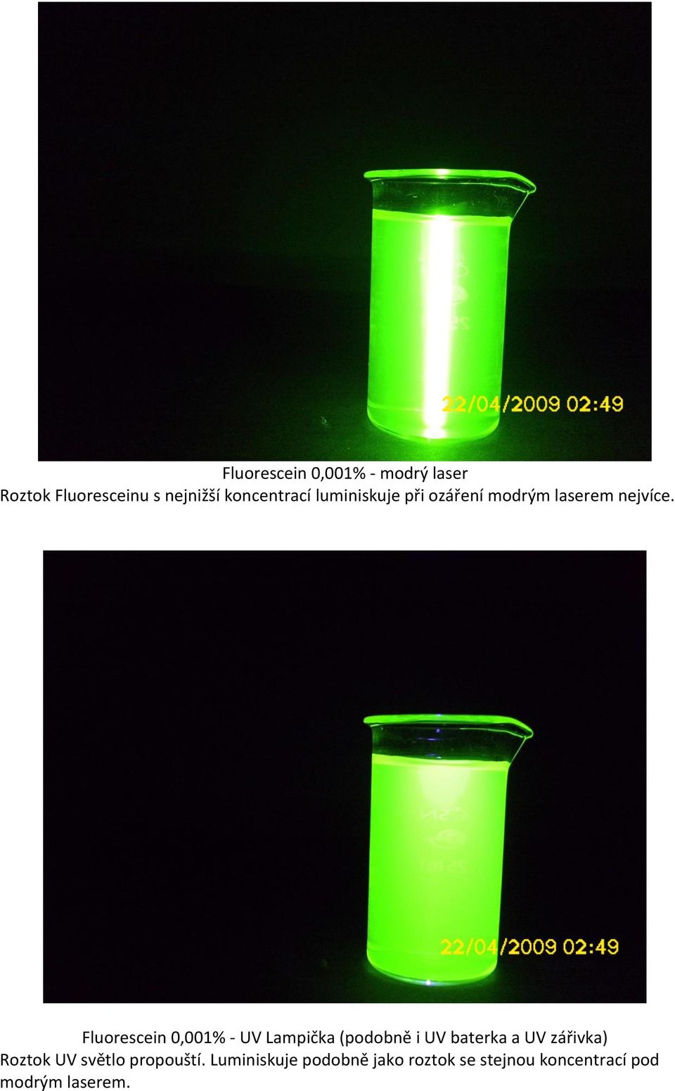 Fluorescein 0,001% - UV Lampička (podobně i UV baterka a UV zářivka)