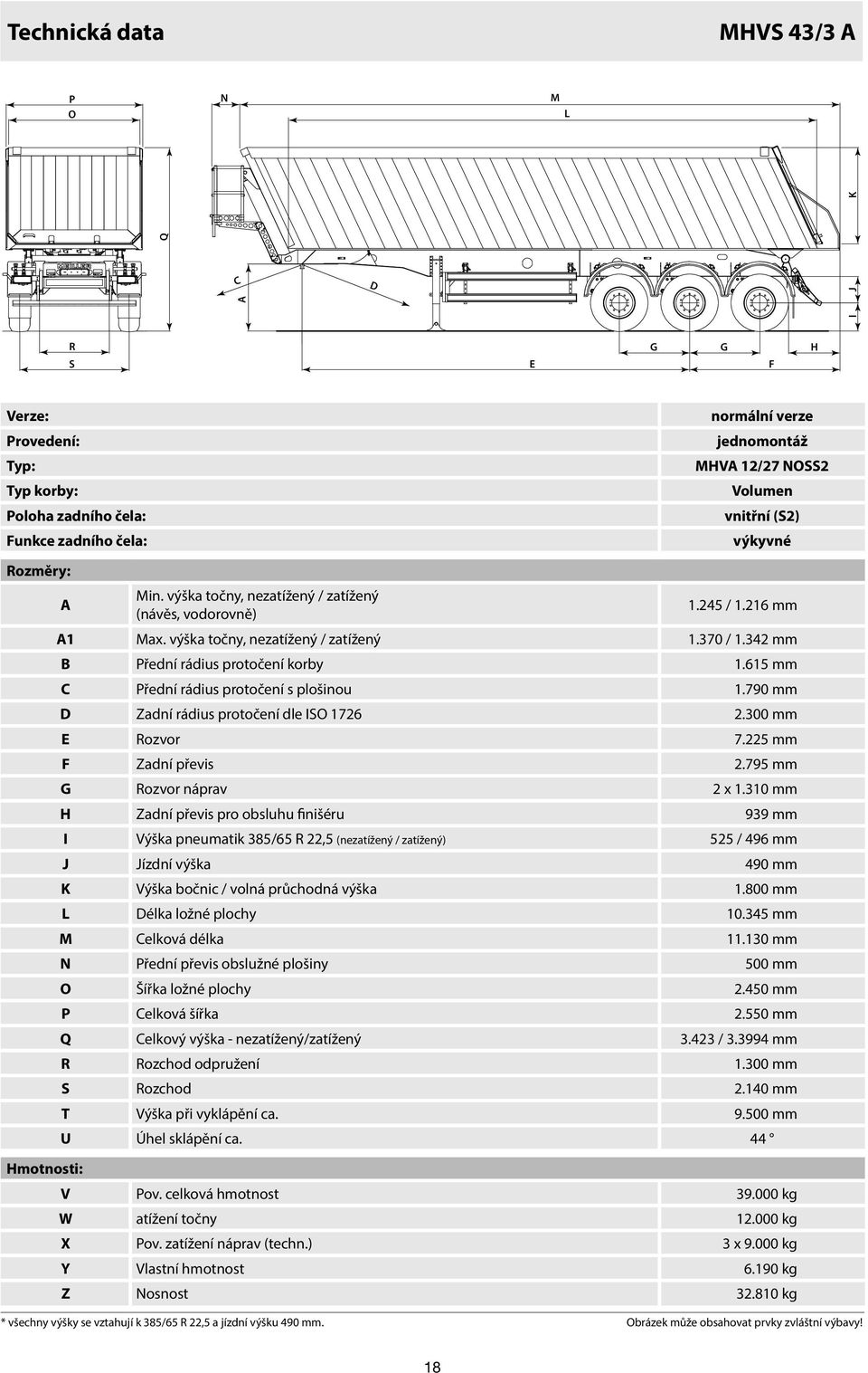 615 mm C Přední rádius protočení s plošinou 1.790 mm D Zadní rádius protočení dle ISO 1726 2.300 mm E Rozvor 7.225 mm F Zadní převis 2.795 mm Rozvor náprav 2 x 1.