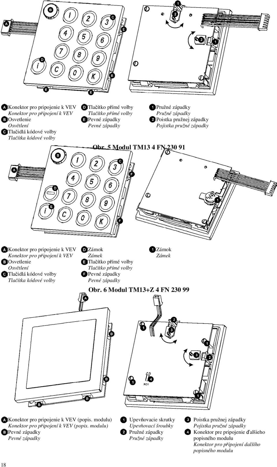 5 Modul TM13 4 FN 230 91 Konektor pro pripojenie k VEV Konektor pro připojení k VEV Osvetlenie Osvětlení Tlačidlá kódové volby Tlačítka kódové volby Zámok Zámok Zámek Zámek Tlačítko přímé volby