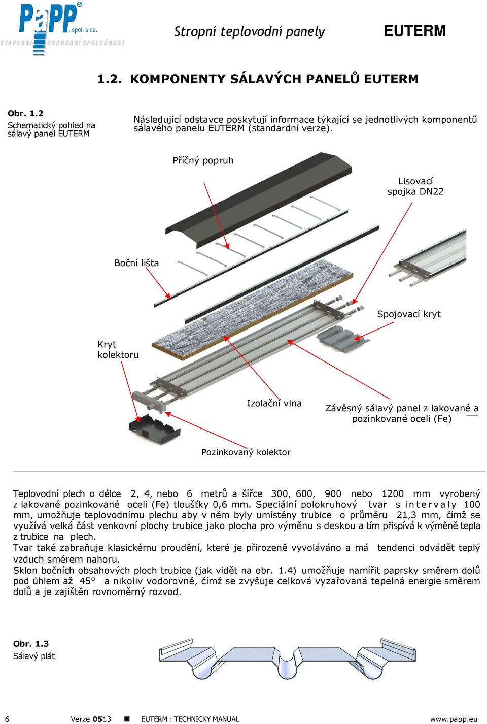 nebo 6 metrů a šířce 300, 600, 900 nebo 1200 mm vyrobený z lakované pozinkované oceli (Fe) tloušťky 0,6 mm.