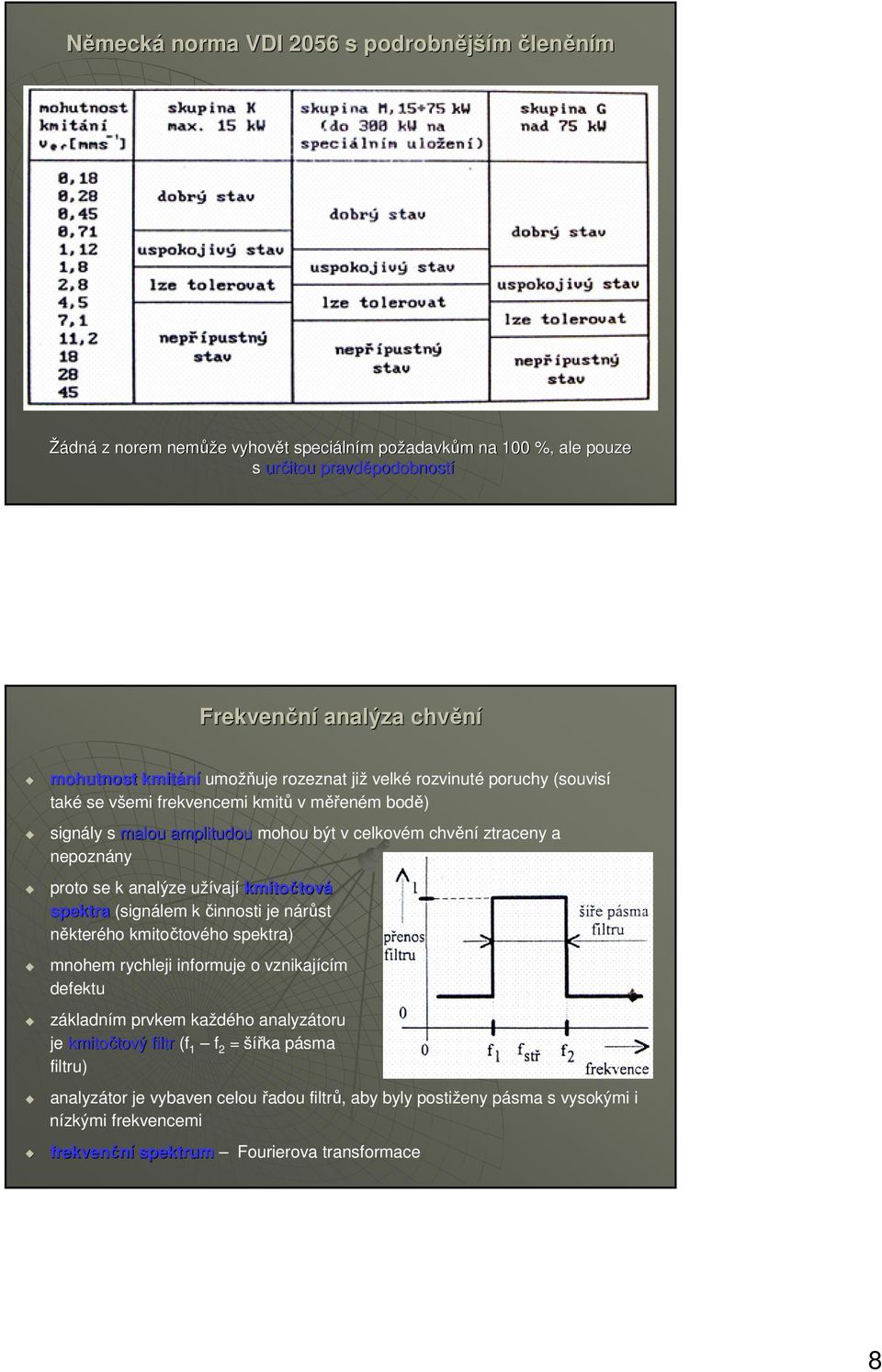 analýze užívají kmitočtová spektra (signálem k činnosti je nárůst některého kmitočtového spektra) mnohem rychleji informuje o vznikajícím defektu základním prvkem každého analyzátoru je