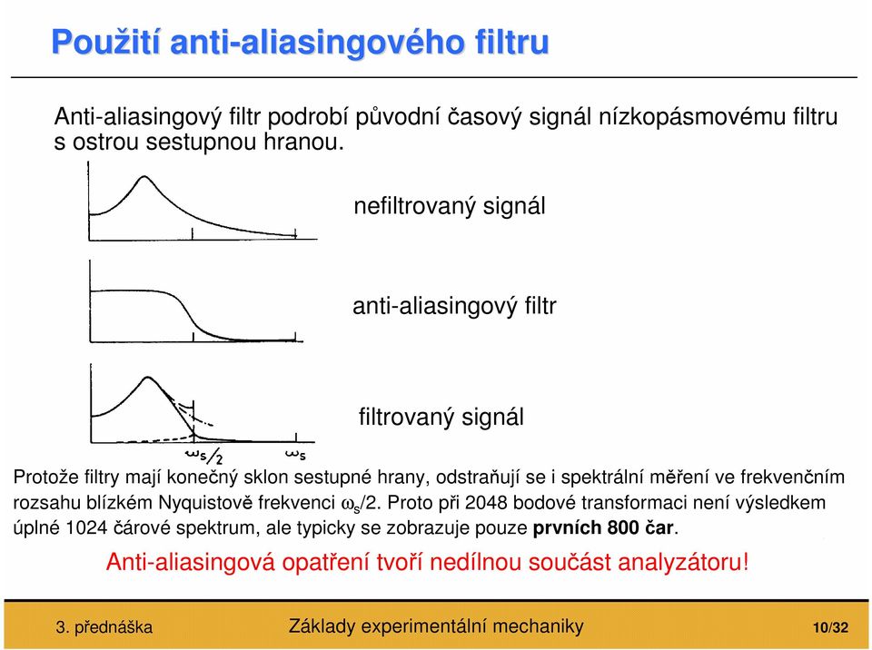 nefiltrovaný signál anti-aliasingový filtr filtrovaný signál Protože filtry mají onečný slon sestupné hrany, odstraňují se i