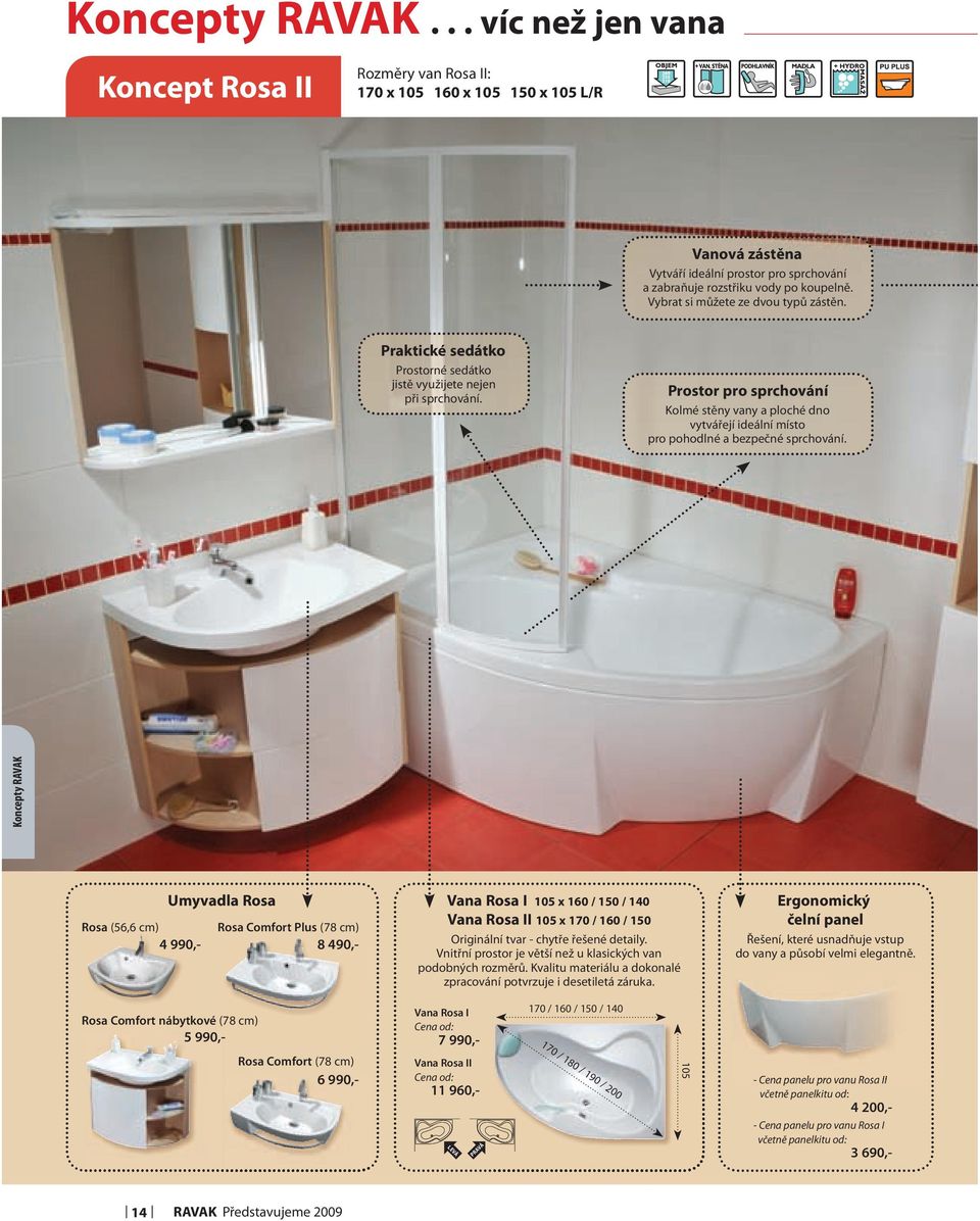 Prostor pro sprchování Kolmé stěny vany a ploché dno vytvářejí ideální místo pro pohodlné a bezpečné sprchování.