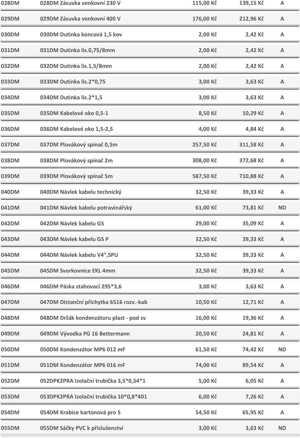 2*1,5 3,00 Kč 3,63 Kč A 035DM 035DM Kabelové oko 0,5-1 8,50 Kč 10,29 Kč A 036DM 036DM Kabelové oko 1,5-2,5 4,00 Kč 4,84 Kč A 037DM 037DM Plovákový spínač 0,5m 257,50 Kč 311,58 Kč A 038DM 038DM