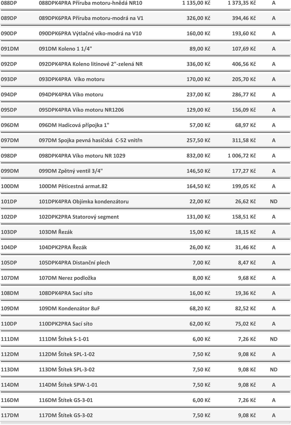 237,00 Kč 286,77 Kč A 095DP 095DPK4PRA Víko motoru NR1206 129,00 Kč 156,09 Kč A 096DM 096DM Hadicová přípojka 1" 57,00 Kč 68,97 Kč A 097DM 097DM Spojka pevná hasičská C-52 vnitřn 257,50 Kč 311,58 Kč