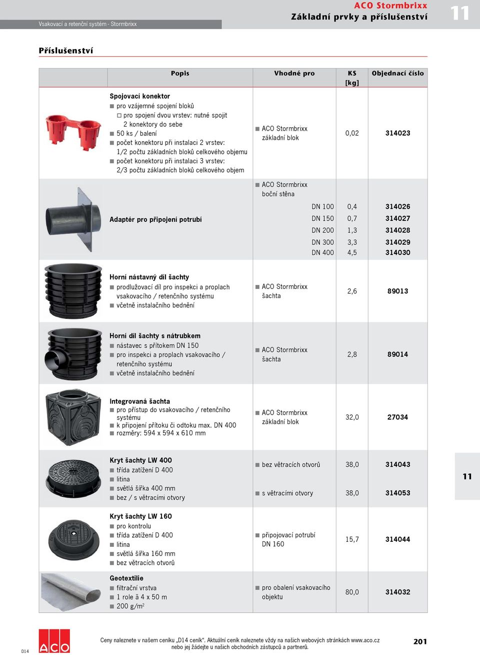 základních bloků celkového objem Adaptér pro připojení potrubí základní blok boční stěna 0,02 314023 DN 100 0,4 314026 DN 150 0,7 314027 DN 200 1,3 314028 DN 300 3,3 314029 DN 400 4,5 314030 Horní