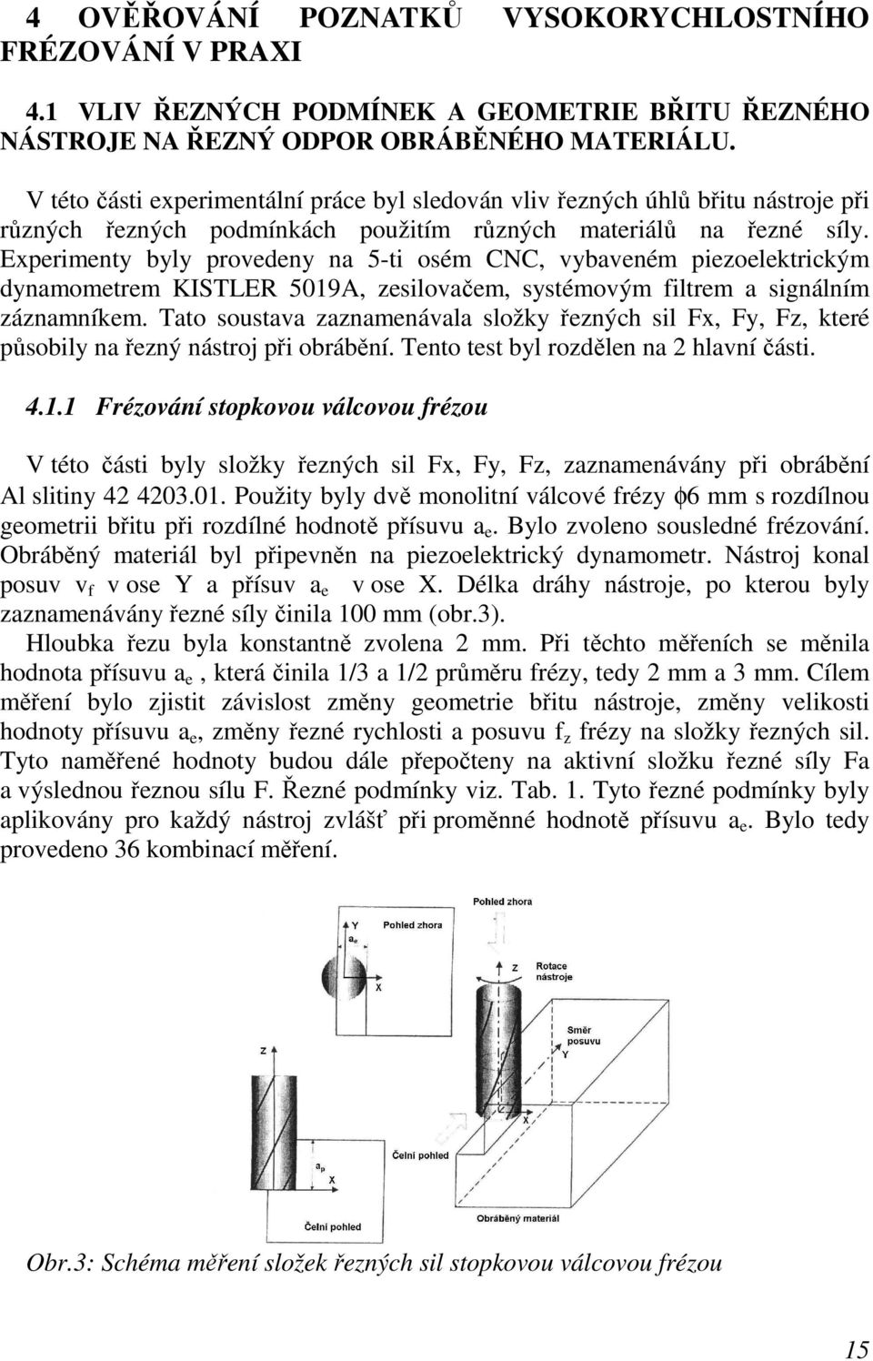 Experimenty byly provedeny na 5-ti osém CNC, vybaveném piezoelektrickým dynamometrem KISTLER 5019A, zesilovačem, systémovým filtrem a signálním záznamníkem.