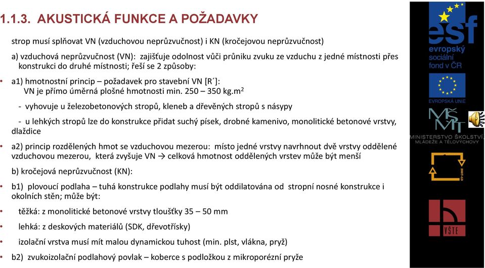 jedné místnosti přes konstrukci do druhé místnosti; řeší se 2 způsoby: a1) hmotnostní princip požadavek pro stavební VN *R ]: VN je přímo úměrná plošné hmotnosti min. 250 350 kg.