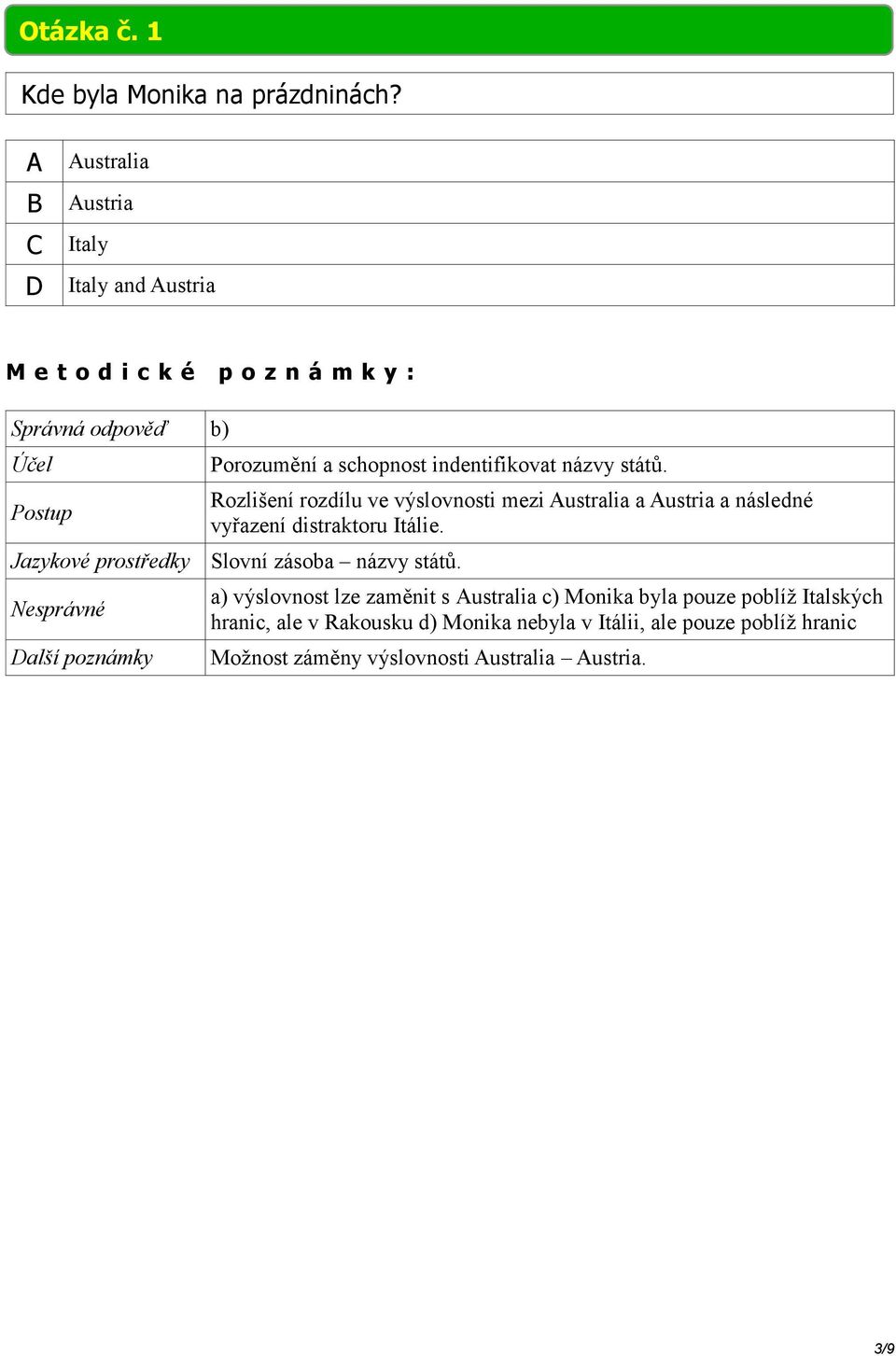 Rozlišení rozdílu ve výslovnosti mezi Australia a Austria a následné vyřazení distraktoru Itálie.