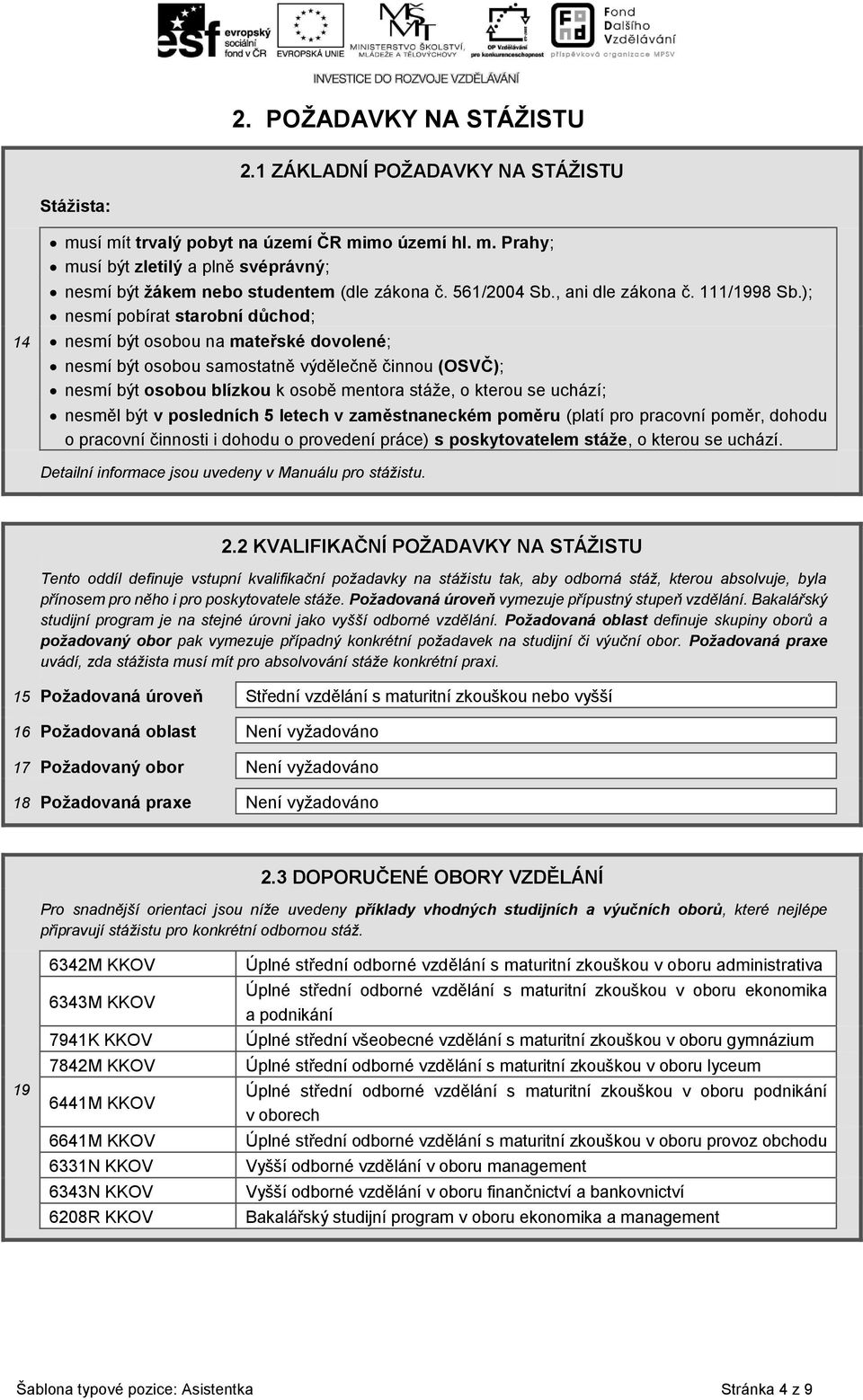 ); nesmí pobírat starobní důchod; nesmí být osobou na mateřské dovolené; nesmí být osobou samostatně výdělečně činnou (OSVČ); nesmí být osobou blízkou k osobě mentora stáže, o kterou se uchází;