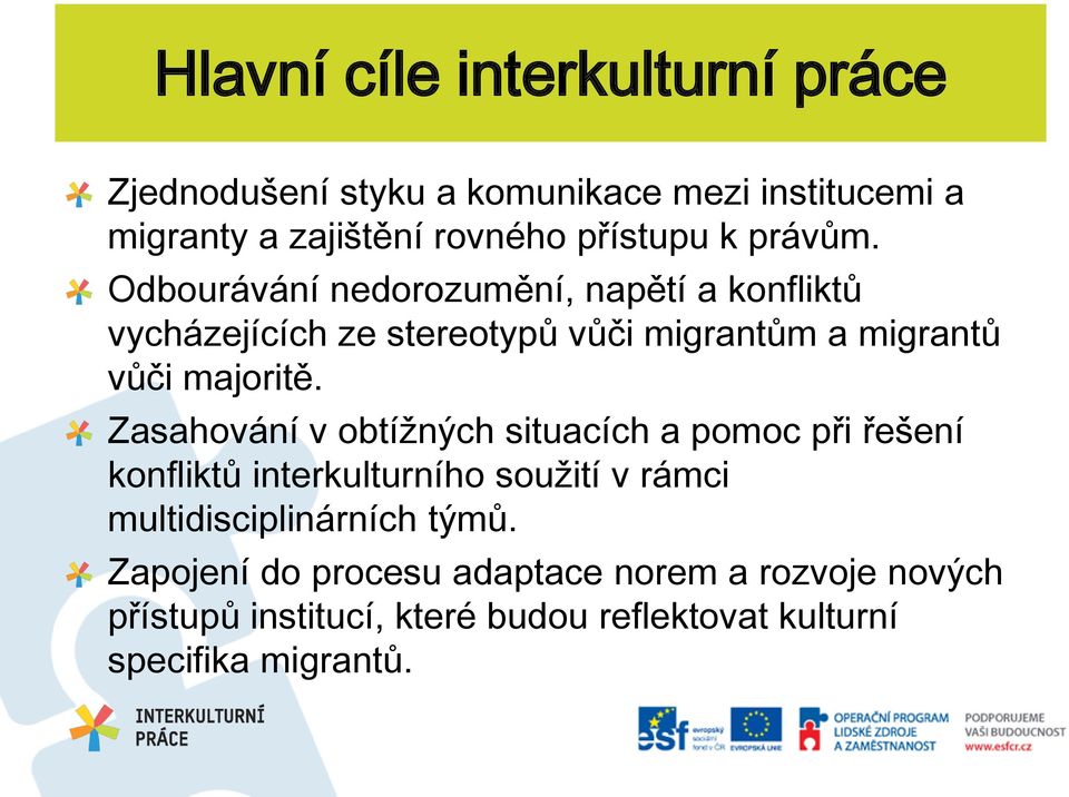 Zasahování v obtížných situacích a pomoc při řešení konfliktů interkulturního soužití v rámci multidisciplinárních týmů.