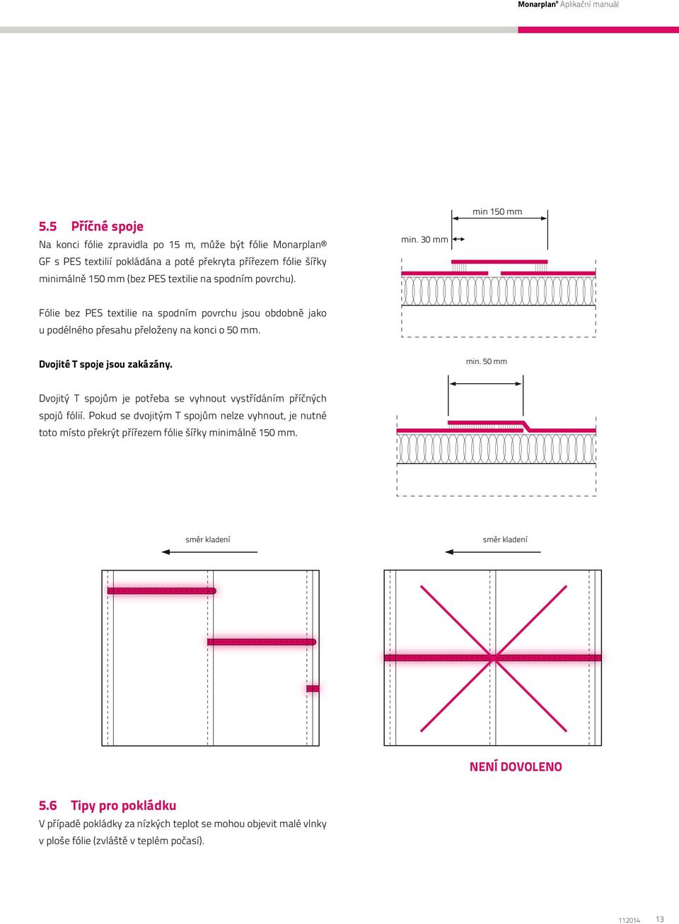 min. 50 mm Dvojitý T spojům je potřeba se vyhnout vystřídáním příčných spojů fólií.