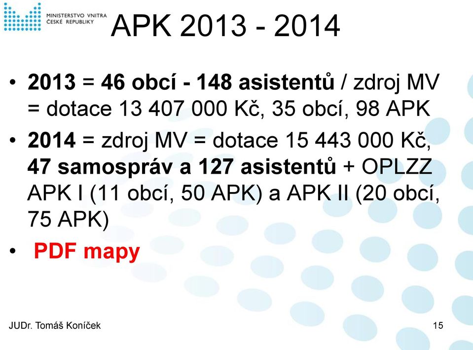 15 443 000 Kč, 47 samospráv a 127 asistentů + OPLZZ APK I (11