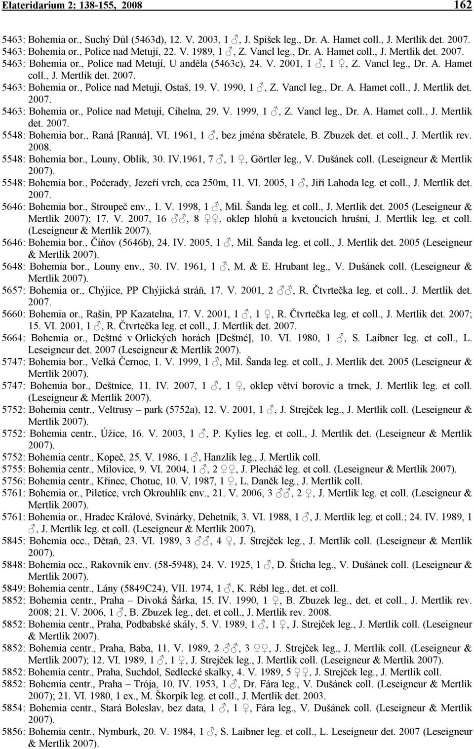 V. 1990, 1, Z. Vancl leg., Dr. A. Hamet coll., J. Mertlik det. 2007. 5463: Bohemia or., Police nad Metují, Cihelna, 29. V. 1999, 1, Z. Vancl leg., Dr. A. Hamet coll., J. Mertlik det. 2007. 5548: Bohemia bor.