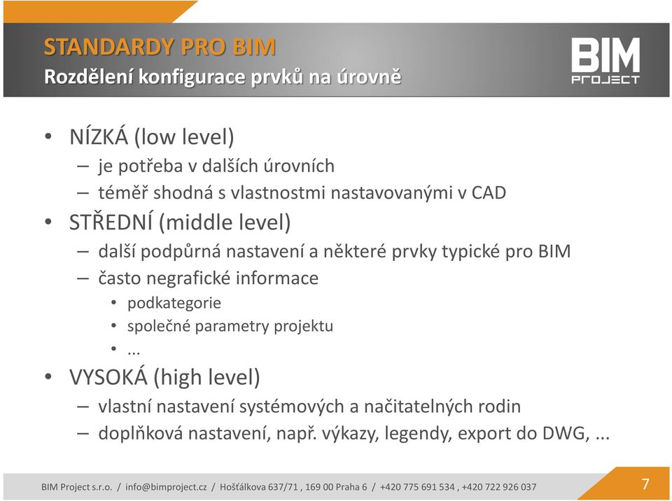 parametry projektu... VYSOKÁ (high level) vlastní nastavení systémových a načitatelných rodin doplňková nastavení, např.