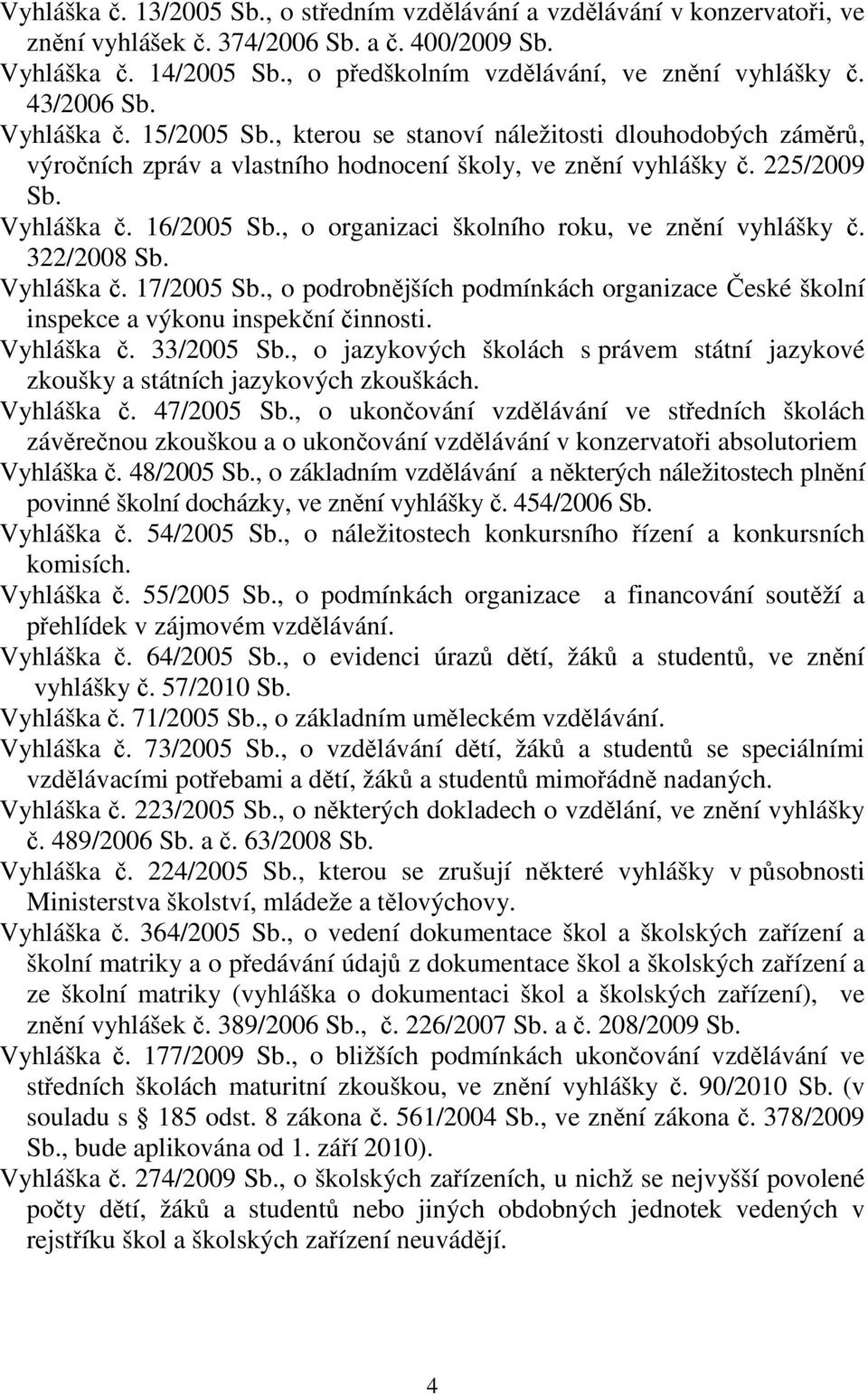 , o organizaci školního roku, ve znění vyhlášky č. 322/2008 Sb. Vyhláška č. 17/2005 Sb., o podrobnějších podmínkách organizace České školní inspekce a výkonu inspekční činnosti. Vyhláška č. 33/2005 Sb.