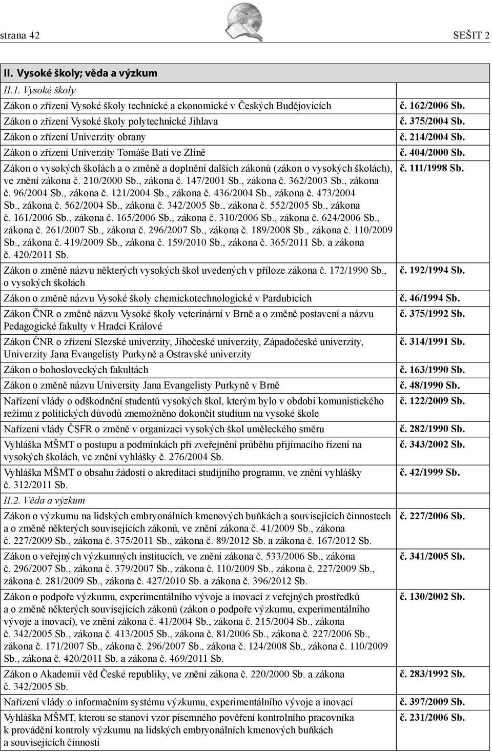 Zákon o vysokých školách a o změně a doplnění dalších zákonů (zákon o vysokých školách), č. 111/1998 Sb. ve znění zákona č. 210/2000 Sb., zákona č. 147/2001 Sb., zákona č. 362/2003 Sb., zákona č. 96/2004 Sb.