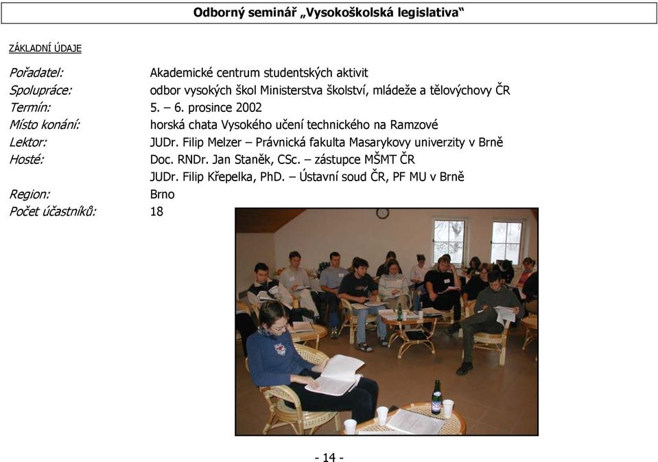 prosince 2002 Místo konání: horská chata Vysokého učení technického na Ramzové Lektor: JUDr.