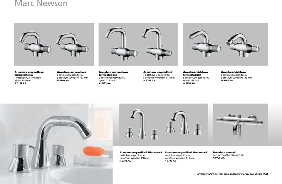 vývod 108 mm A 5194 AA Armatura bidetová s odtokovou garniturou s otočným vývodem 115 mm N 9794 AA Armatura umyvadlová tříotvorová s odtokovou garniturou s otočným vývodem 118 mm N 9793 AA