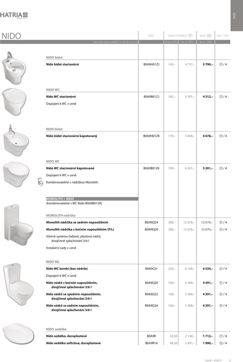 (kombinovatelné s WC Nido B0A9B01ZK) MONOLITH nádržka Monolith nádržka se zadním napouštěním B0ANQ24 388, 12 676, 12 676, 7 / 4 Monolith nádržka s bočním napouštěním (P/L) B0ANQ20 388, 12 676, 12