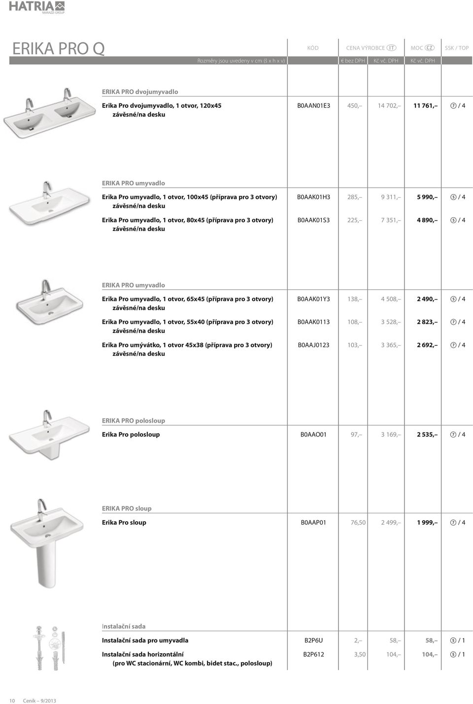 otvory) B0AAK01Y3 138, 4 508, 2 490, 5 / 4 Erika Pro umyvadlo, 1 otvor, 55x40 (příprava pro 3 otvory) B0AAK0113 108, 3 528, 2 823, 7 / 4 Erika Pro umývátko, 1 otvor 45x38 (příprava pro 3 otvory)