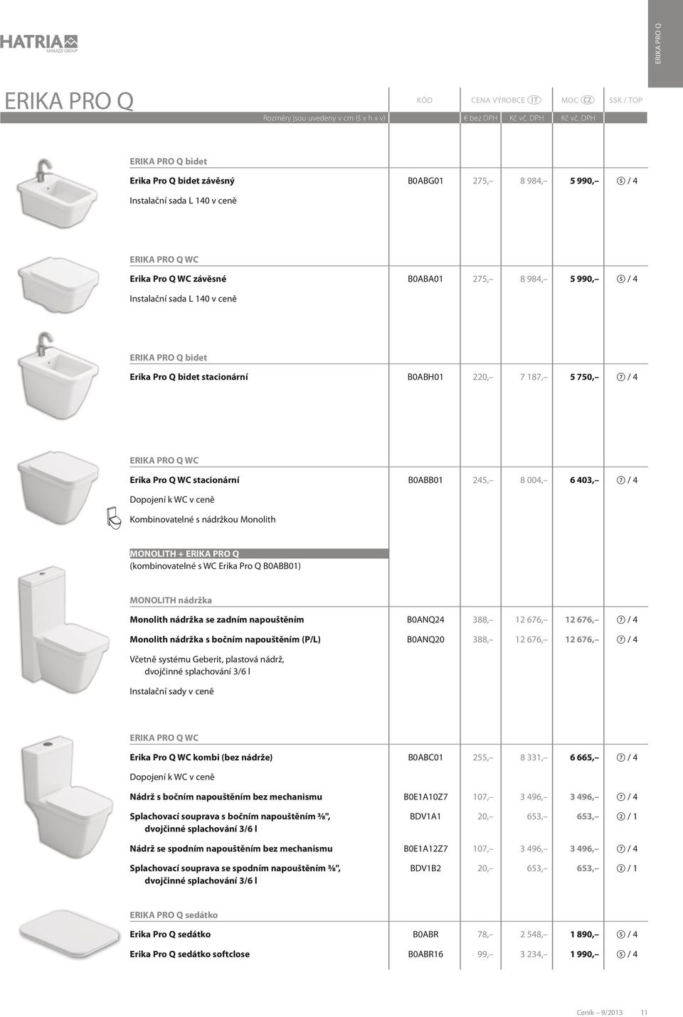 WC v ceně Kombinovatelné s nádržkou Monolith MONOLITH + ERIKA PRO Q (kombinovatelné s WC Erika Pro Q B0ABB01) MONOLITH nádržka Monolith nádržka se zadním napouštěním B0ANQ24 388, 12 676, 12 676, 7 /